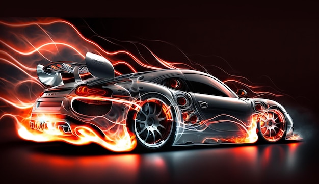 Un'auto con delle fiamme sopra che è un'auto da corsa.