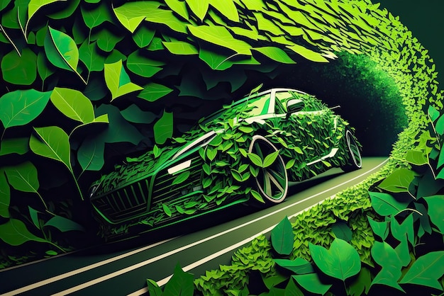 Un'auto con foglie verdi su di essa sta guidando su una strada.