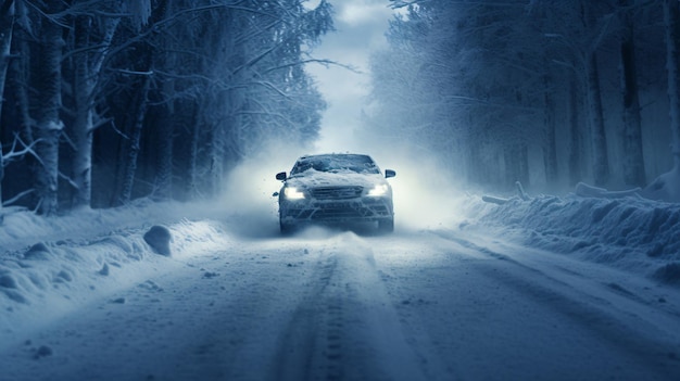 Un'auto con i fari camminava attraverso una spessa raffica di neve durante un inverno ventoso con visibilità ridotta