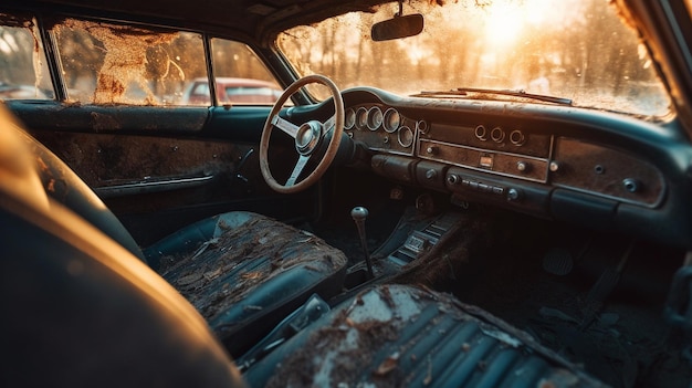 Un'auto con interni sporchi e volante in primo piano.