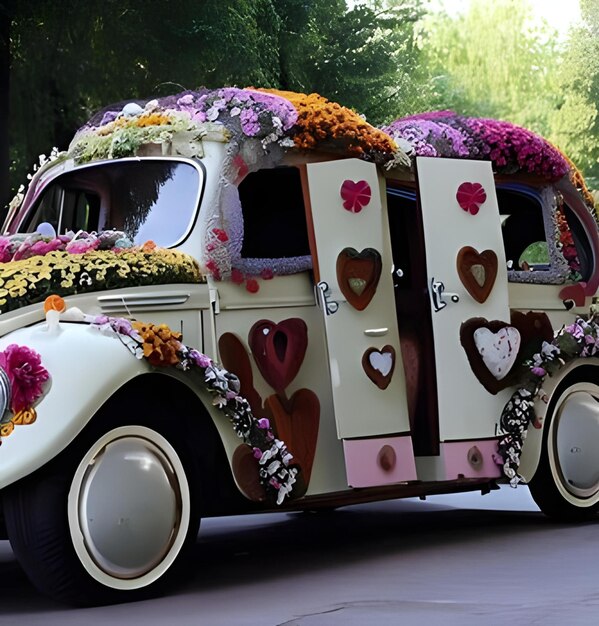 Un'auto con ruote di fiori e porte di