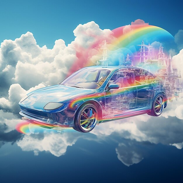 un'auto con un arcobaleno tra le nuvole e un arcobaleno nel cielo