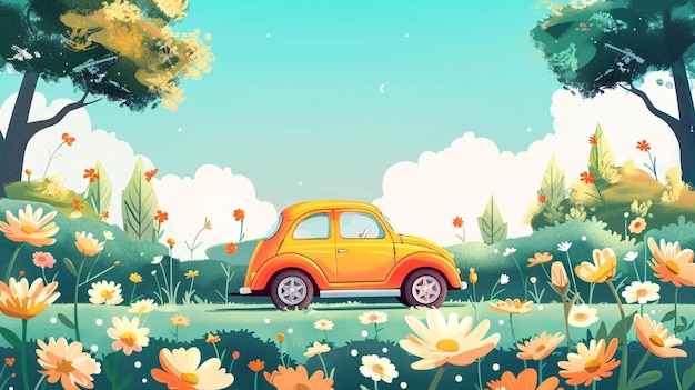 un'auto con un'auto gialla davanti e le parole auto davantiQingming Youth Travel Illustra