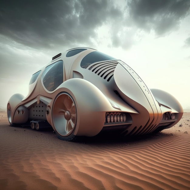 Un'auto con un grande parabrezza e un gran numero di ruote è nel deserto.