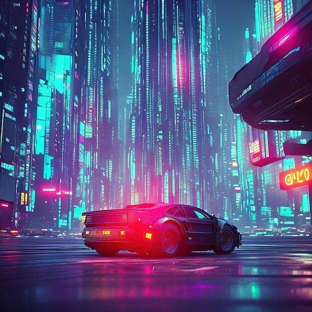 Un'auto con un'insegna al neon che dice "cyberpunk".