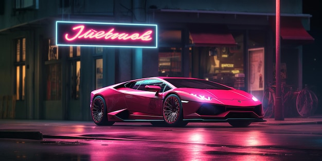 Un'auto con un'insegna al neon che dice "Lamborghini".