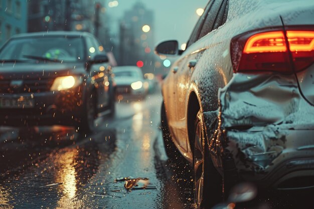 Un'auto con una ammaccatura sul parafanghi posteriore dopo un incidente su una strada della città la sera dopo la pioggia