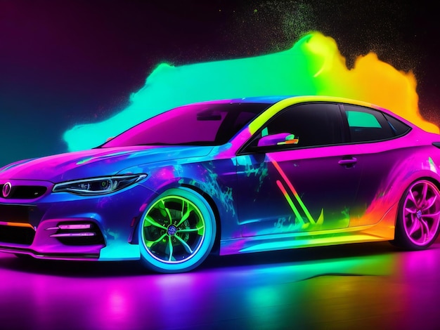 Un'auto con vernice al neon è dipinta con colori al neon generati