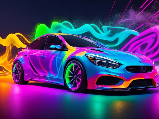 Un'auto con vernice al neon è dipinta con colori al neon generati