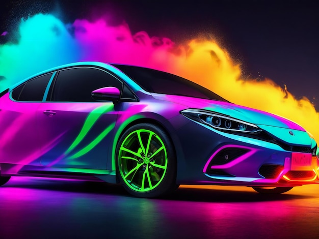 Un'auto con vernice al neon è dipinta con colori al neon generati