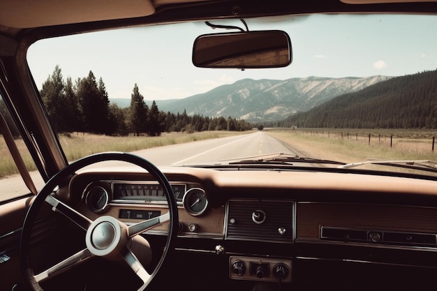 Un'auto con vista sulle montagne e sul parabrezza.