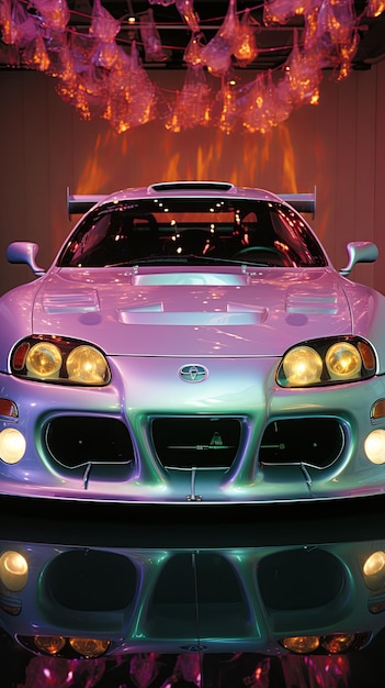 Un'auto d'argento con una tonalità viola e luci al neon sul cofano