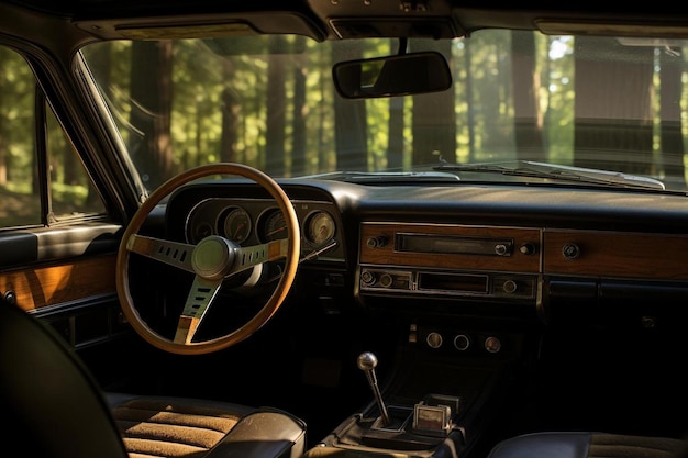 Un'auto d'epoca con il volante alzato e il volante un po' piu' interessante.