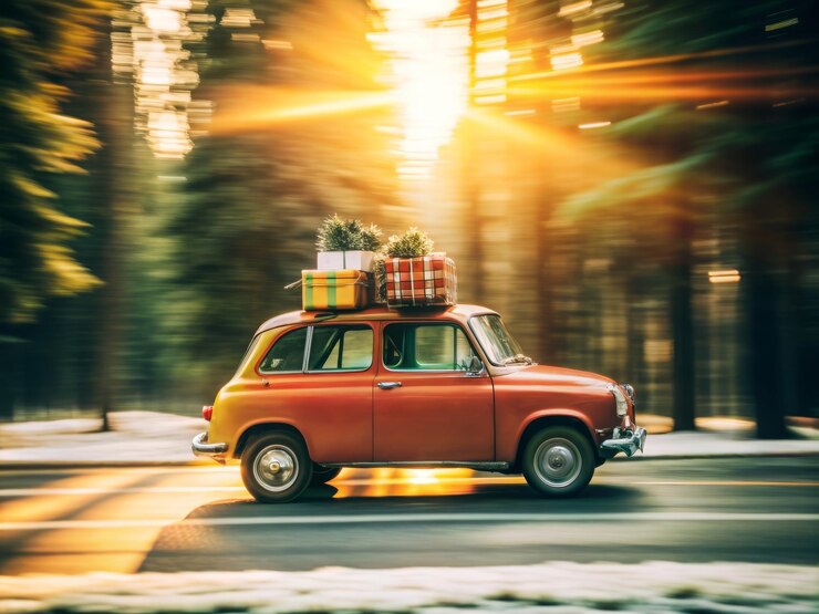 Un'auto d'epoca festiva che attraversa una splendida foresta innevata piena di regali