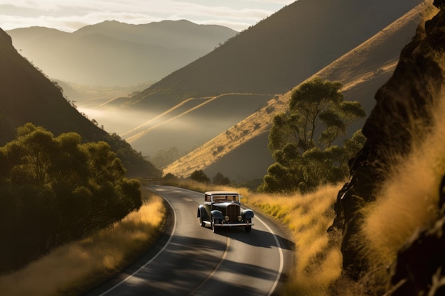 Un'auto d'epoca percorre una strada di montagna.