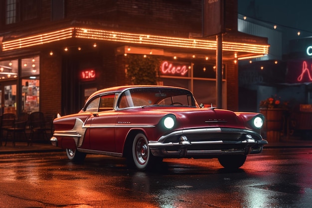 Un'auto d'epoca rossa davanti a un ristorante chiamato cls.
