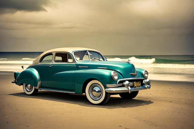 Un'auto d'epoca sulla spiaggia di fronte a un cielo nuvoloso.