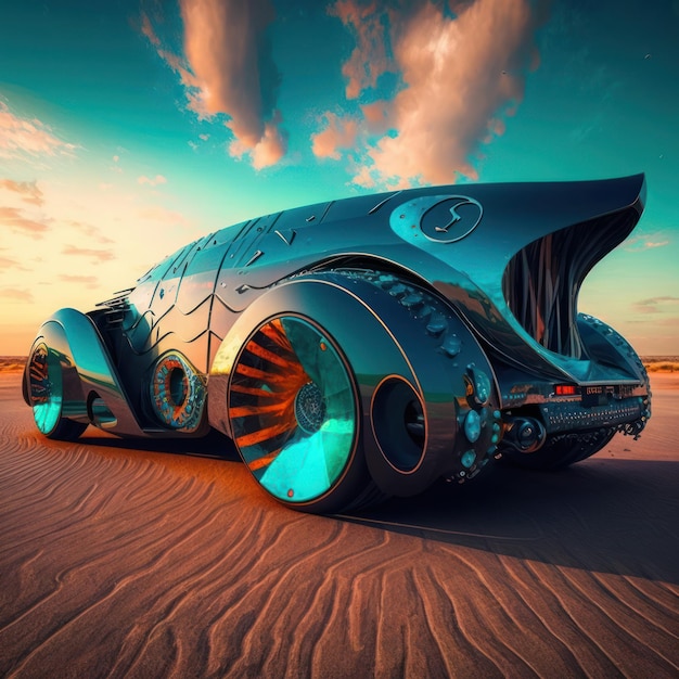 Un'auto dall'aspetto futuristico è nel deserto con la parola mercedes sul davanti.