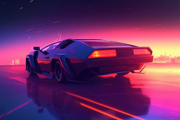 Un'auto del film l Lamborghini con colori al neon viola