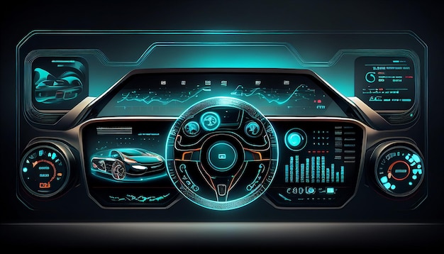 Un'auto del futuro e un'interfaccia utente grafica GUI auto connessa veicolo intelligente L'Internet of Things IoT Display headup AI generativo