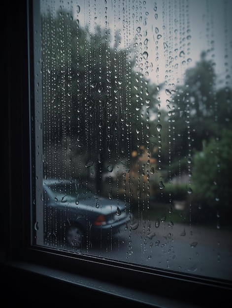 Un'auto è parcheggiata fuori da una finestra con delle gocce d'acqua sopra.