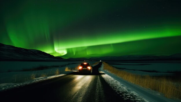 Un'auto è parcheggiata su una strada innevata con sopra le luci verdi del cielo.