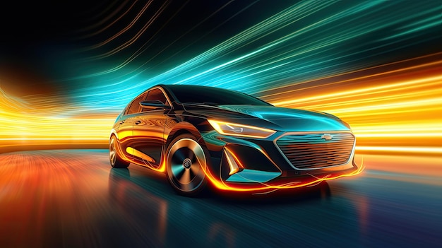 Un'auto elettrica con illuminazione in movimento Innovazione automobilistica e concetti tecnologici Generative Ai