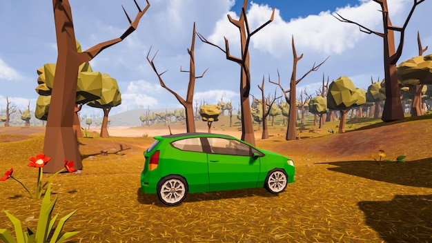 Un'auto elettrica verde in un ambiente naturale rendering 3d low poly