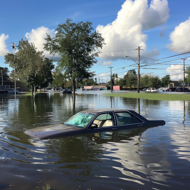 Un'auto era a metà sommersa d'acqua durante un'inondazione