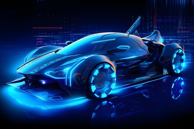 Un'auto futuristica blu con la parola Bugatti sulla parte anteriore.