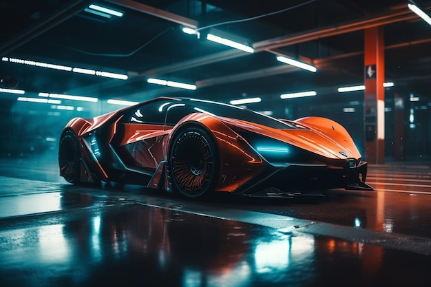 Un'auto futuristica con carrozzeria rossa e carrozzeria nera.