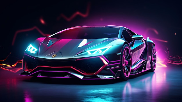 Un'auto futuristica con luci al neon e la parola Lamborghini