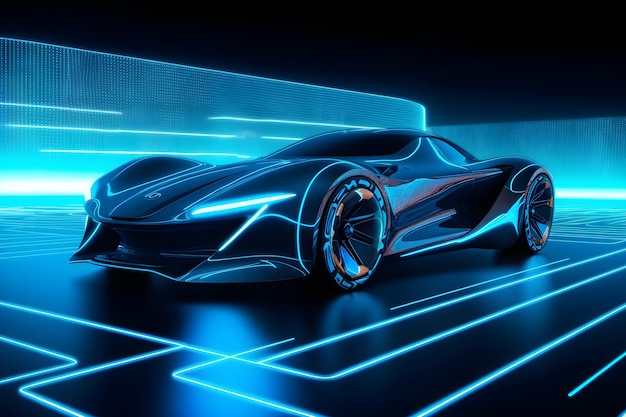 Un'auto futuristica con luci al neon.