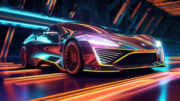 Un'auto futuristica con un effetto neon sul davanti.