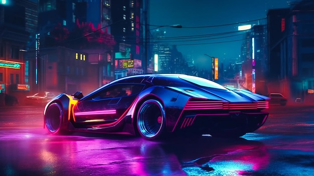 Un'auto futuristica di notte con luci colorate e scenari cittadini