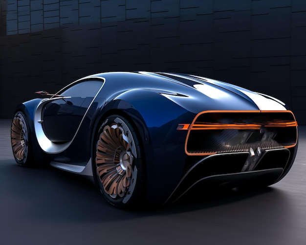 Un'auto futuristica è mostrata in una stanza buia un'auto futurista elegante in una stanza scarsamente illuminata