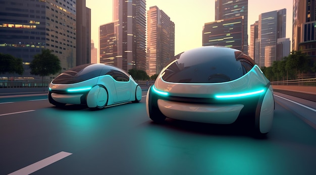 Un'auto futuristica è sulla strada davanti a un paesaggio urbano.