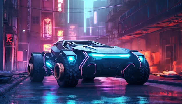 Un'auto futuristica in una città al neon