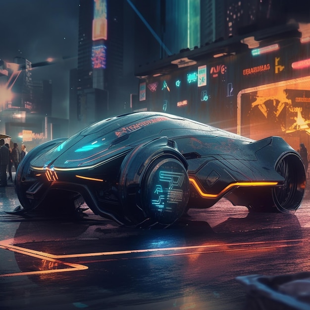 Un'auto futuristica nella città del cyberpunk.