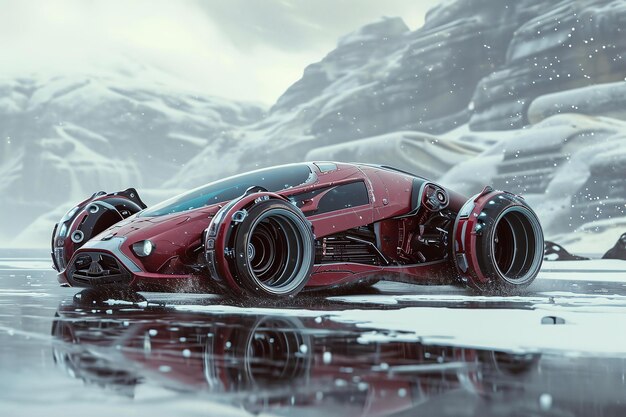 Un'auto futuristica rossa si trova su un terreno ghiacciato in mezzo a una dolce nevicata