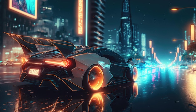 Un'auto futuristica sotto la pioggia con luci al neon sullo sfondo