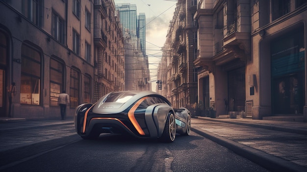 Un'auto futuristica sta guidando su una strada cittadina.
