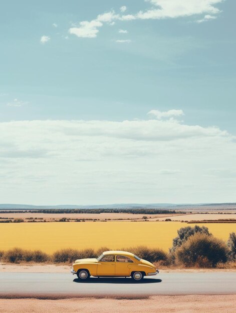 un'auto gialla con un tetto giallo è di fronte a un campo con uno sfondo celeste.