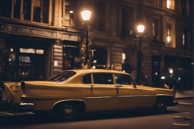 un'auto gialla è parcheggiata davanti a un edificio con la scritta cinema.