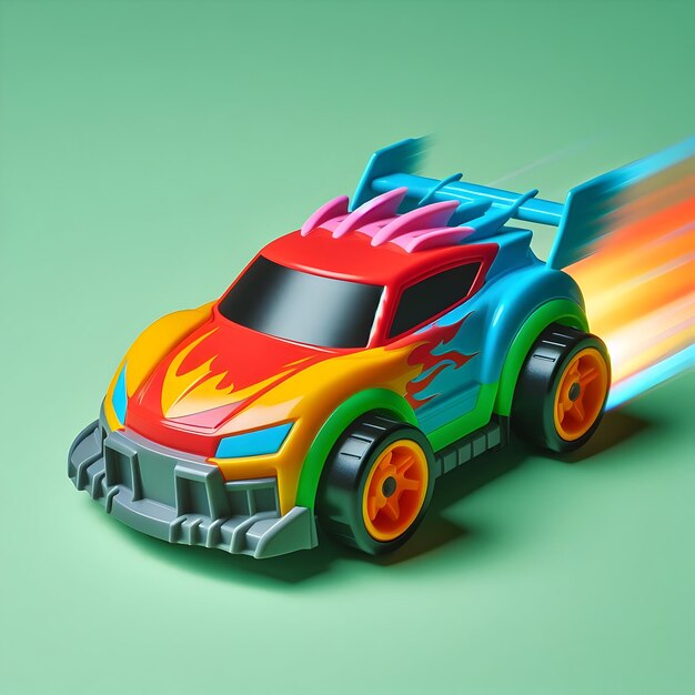 Un'auto giocattolo colorata si avvicina isolata su uno sfondo verde semplice irradiando gioia ed eccitazione con esso