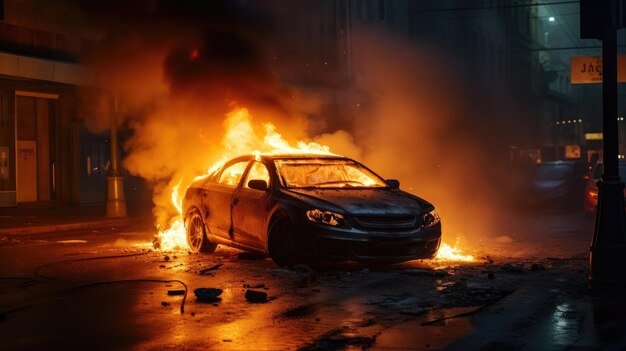 Un'auto ha preso fuoco in strada.