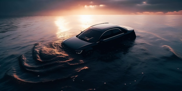 Un'auto in acqua è sommersa dall'acqua.