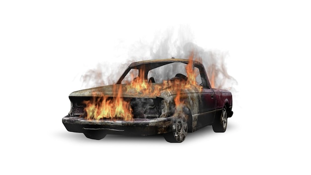 Un'auto in fiamme un'auto in fiamme Veicolo danneggiato dopo il rendering 3d di un incidente d'auto