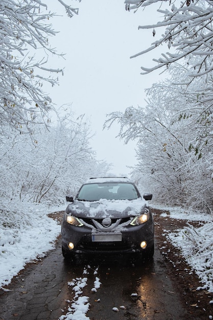 Un'auto innevata nel mezzo di una foresta invernale