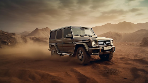 Un'auto mercedes benz che guida attraverso un deserto con le montagne sullo sfondo.